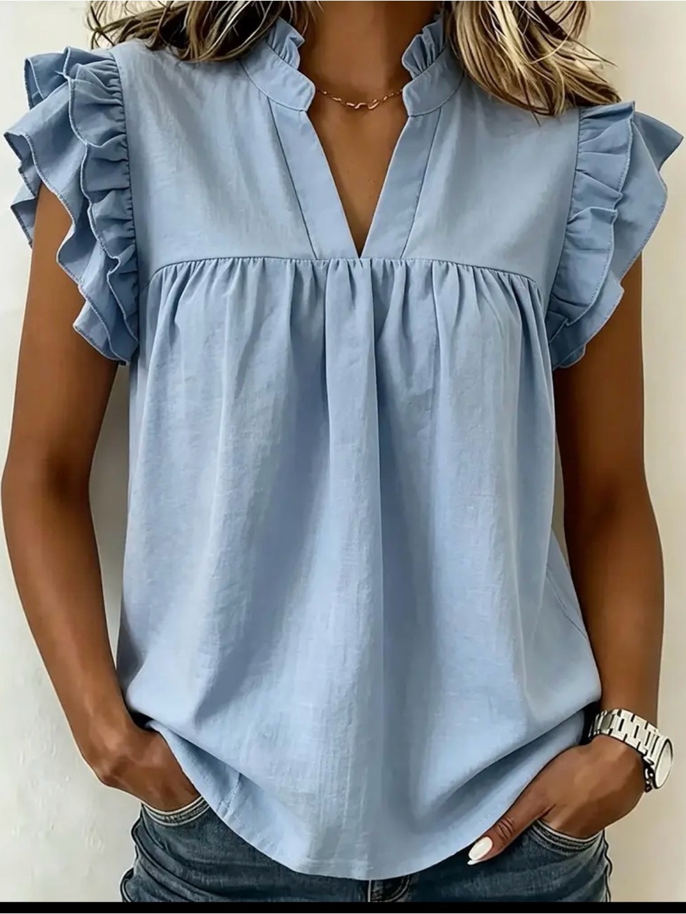 Ruffled Sleeve Light Blue V‑Neck Blouse